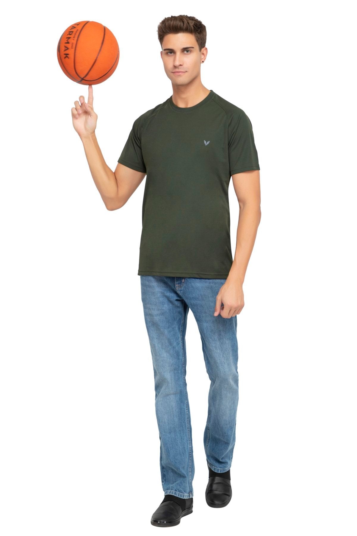 Olive Raglan Sleeves Solid Round Neck Dri Fit Men T-Shirt