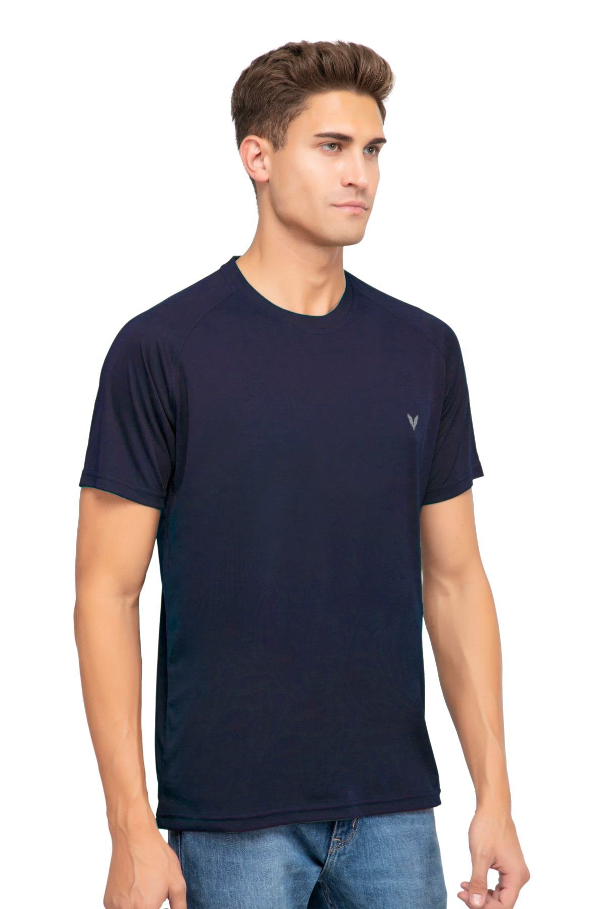 Navy Raglan Sleeves Solid Round Neck Dri Fit Men T-Shirt