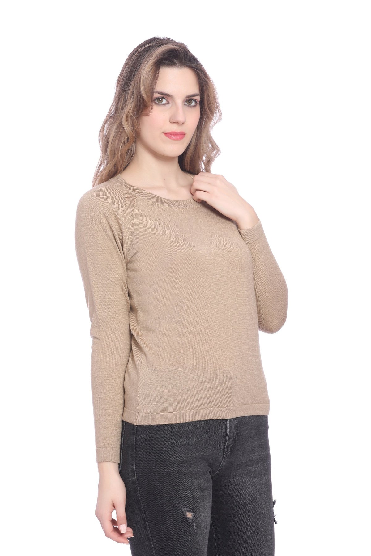 Fawn Solid Raglan full Sleeve Sweater