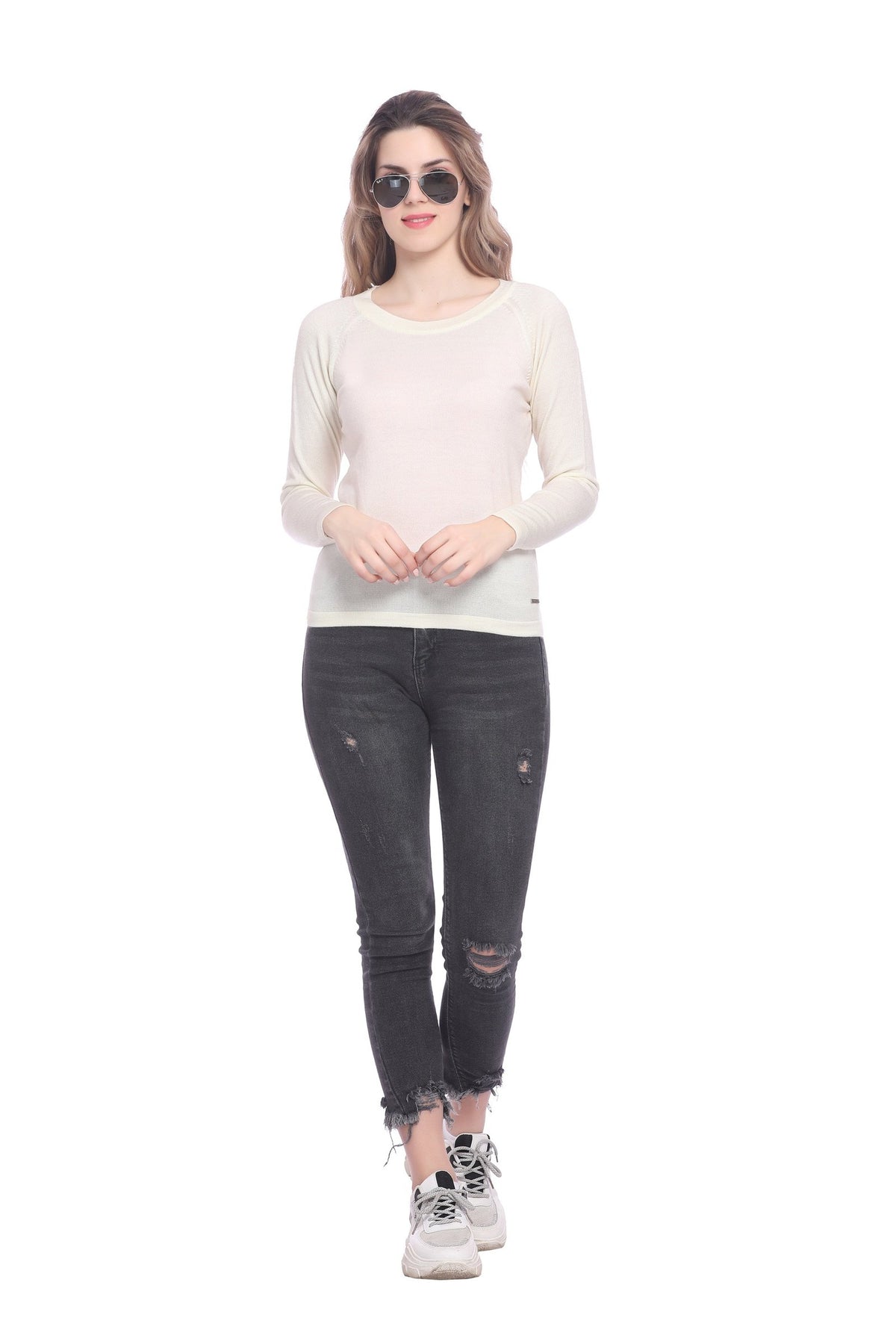 White Solid Raglan full Sleeve Sweater