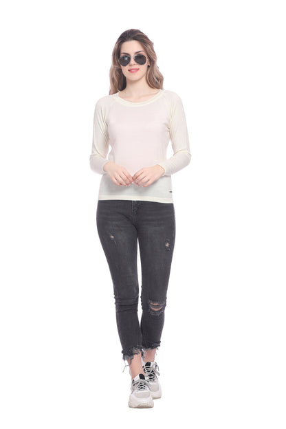 White Solid Raglan full Sleeve Sweater