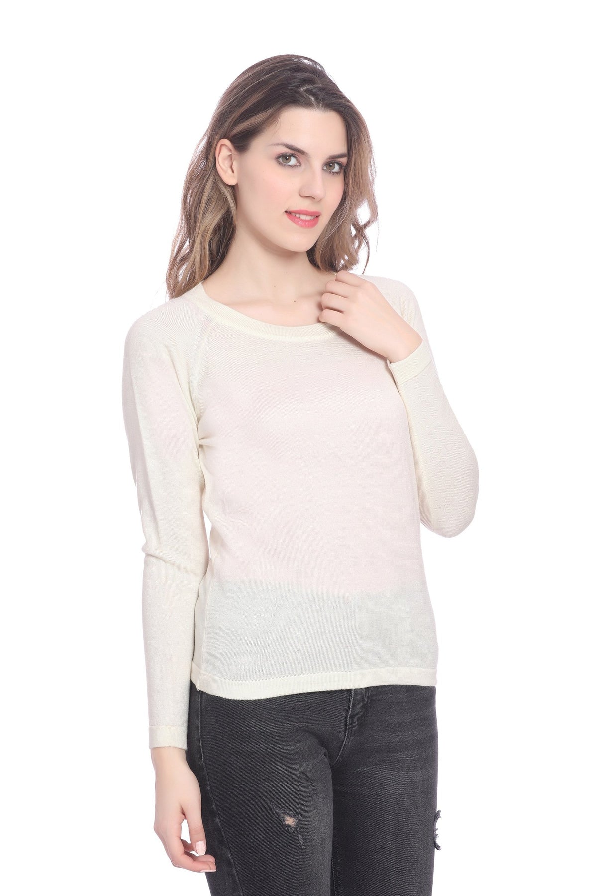 White Solid Raglan full Sleeve Sweater