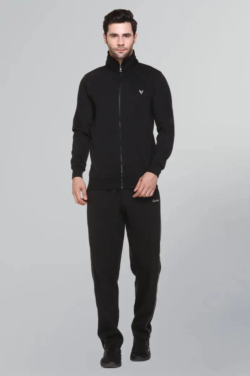 Black Cotton Fleece Winter Tracksuit For Men