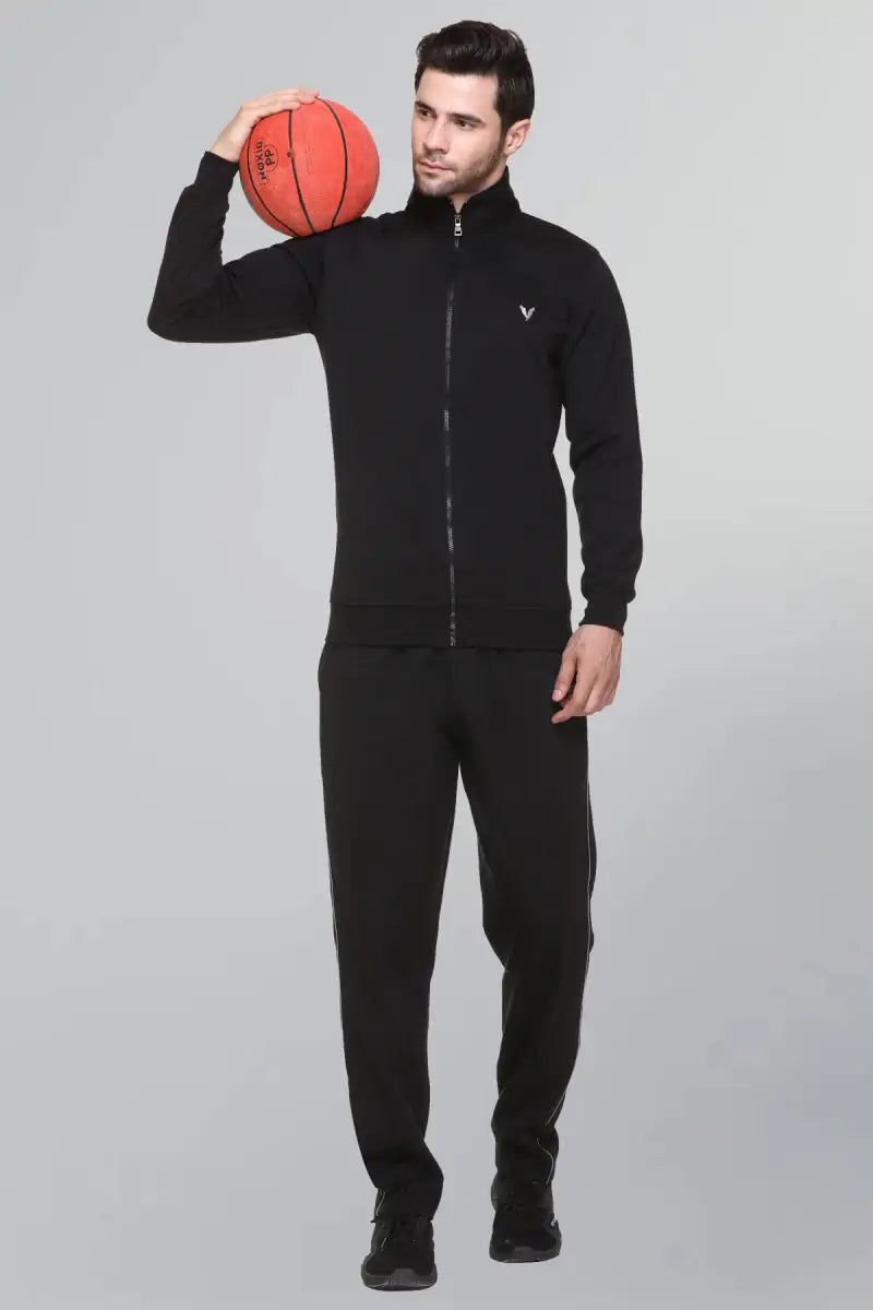Black Cotton Fleece Winter Tracksuit For Men