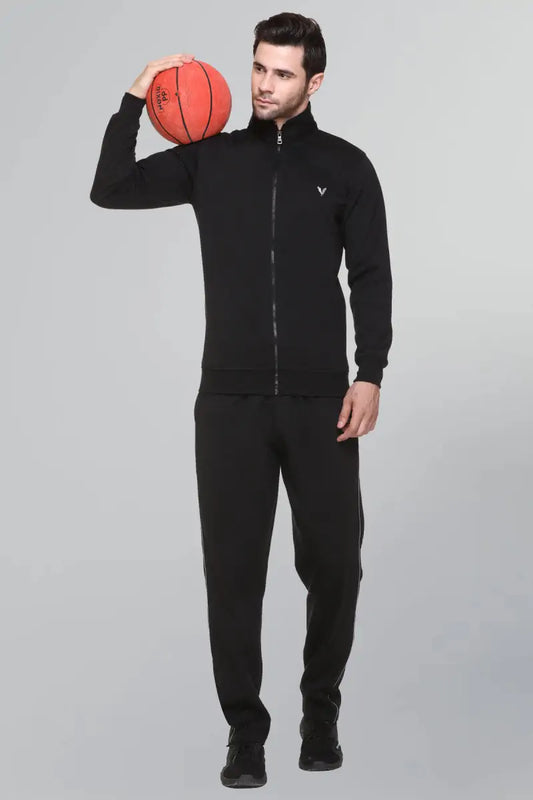 Black Cotton Fleece Winter Tracksuit For Men