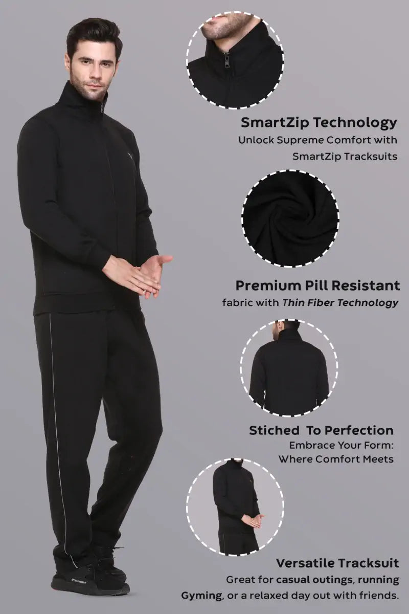 Black Cotton Fleece Winter Tracksuit For Men