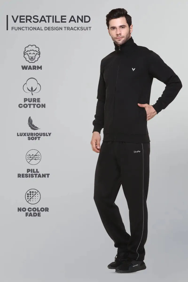 Black Cotton Fleece Winter Tracksuit For Men
