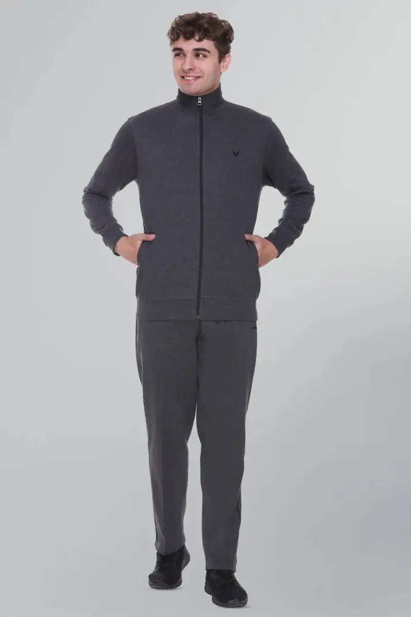 Charcoal Grey Cotton Fleece Winter Tracksuit For Men