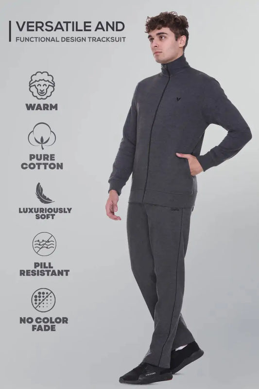 Charcoal Grey Cotton Fleece Winter Tracksuit For Men