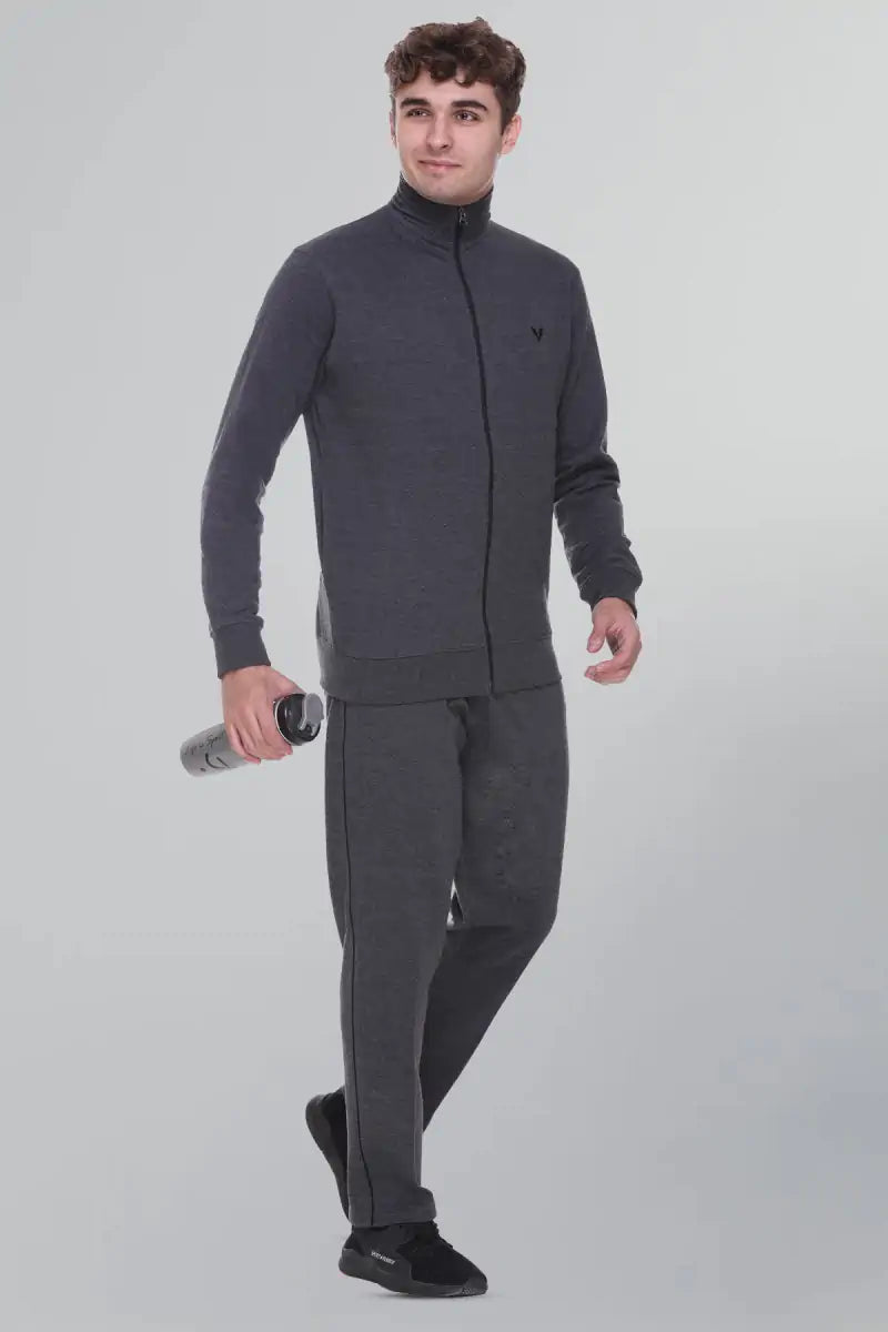 Charcoal Grey Cotton Fleece Winter Tracksuit For Men