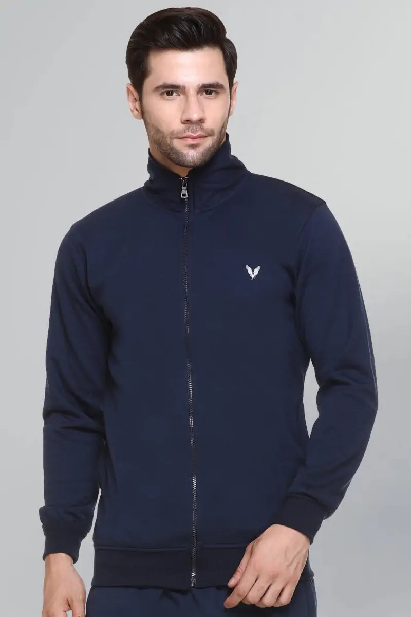 Navy Cotton Fleece Winter Tracksuit For Men