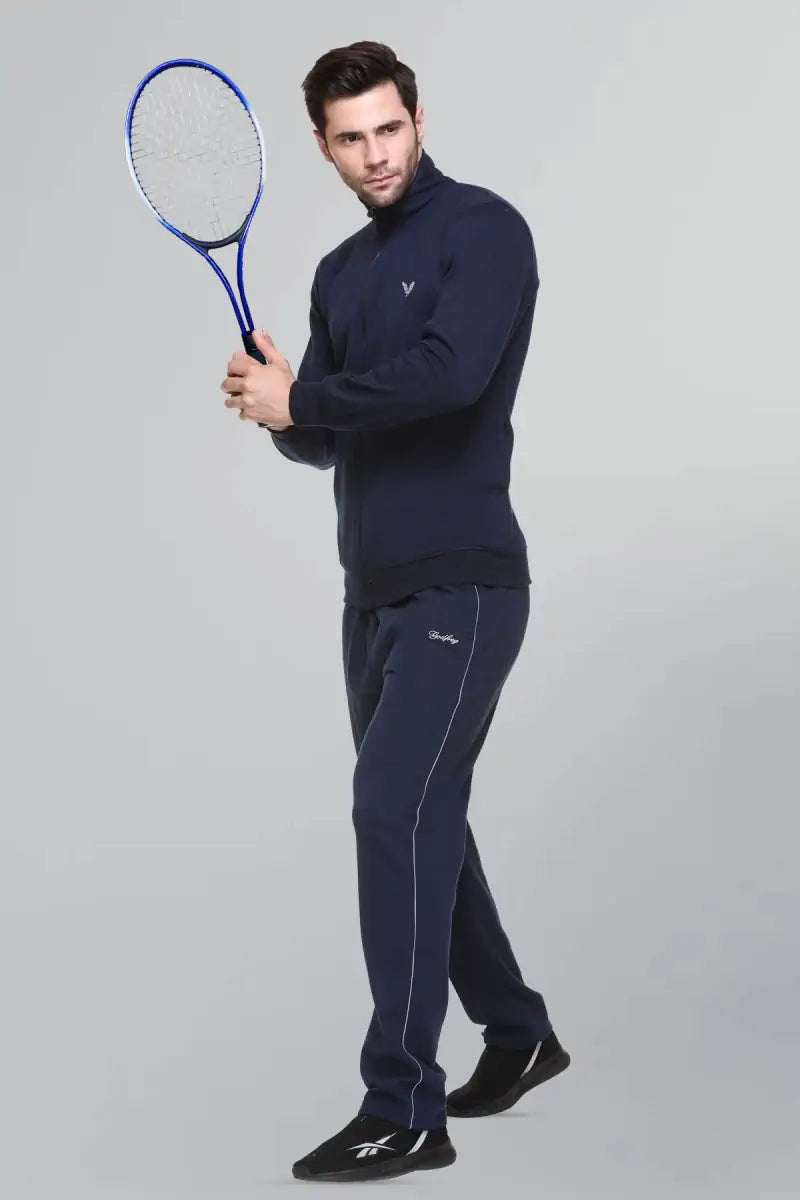 Navy Cotton Fleece Winter Tracksuit For Men