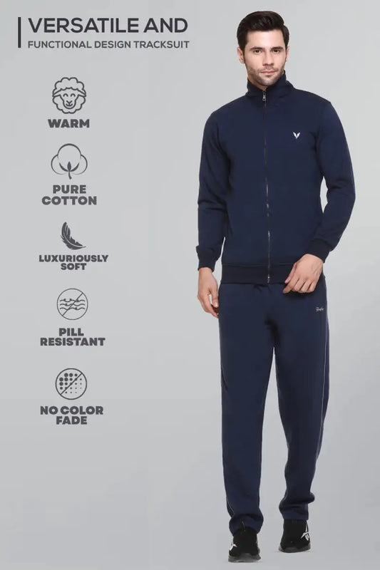 Navy Cotton Fleece Winter Tracksuit For Men
