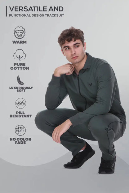 Peacock Teal Cotton Fleece Winter Tracksuit For Men