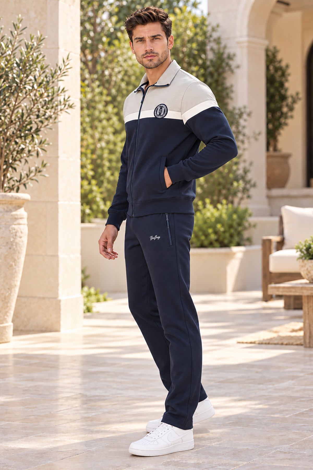 Navy Cotton Fleece Winter Tracksuit For Men