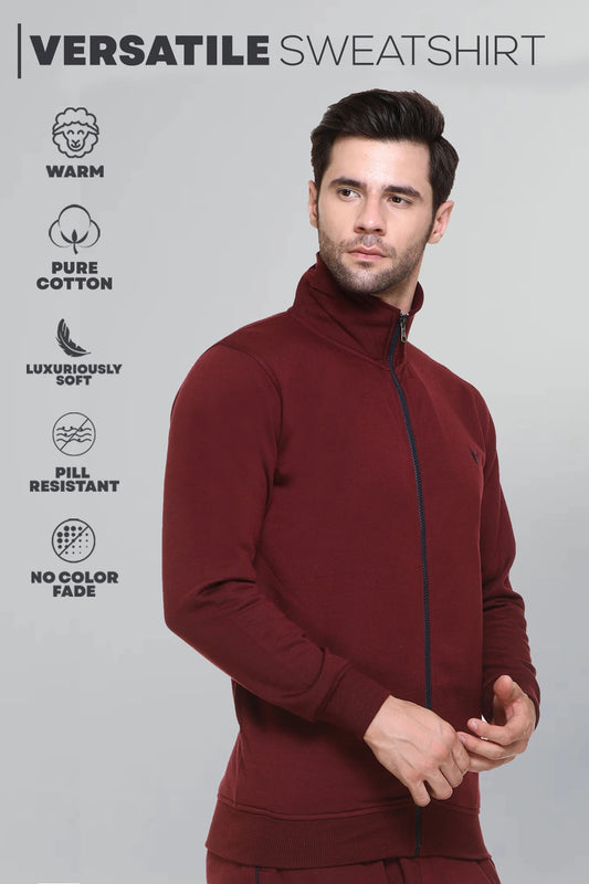 Maroon Cotton Fleece Full Sleeve Jacket Sweatshirt For Men