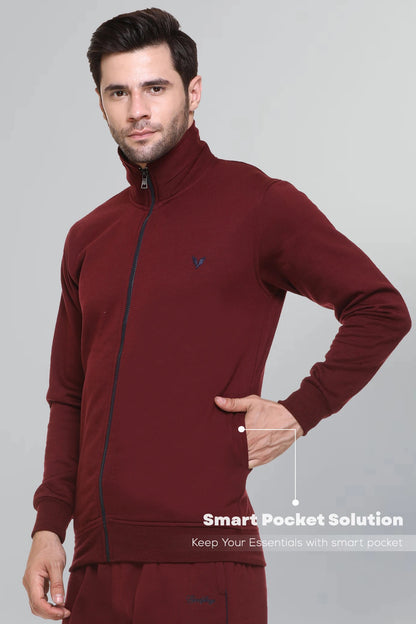 Maroon Cotton Fleece Full Sleeve Jacket Sweatshirt For Men