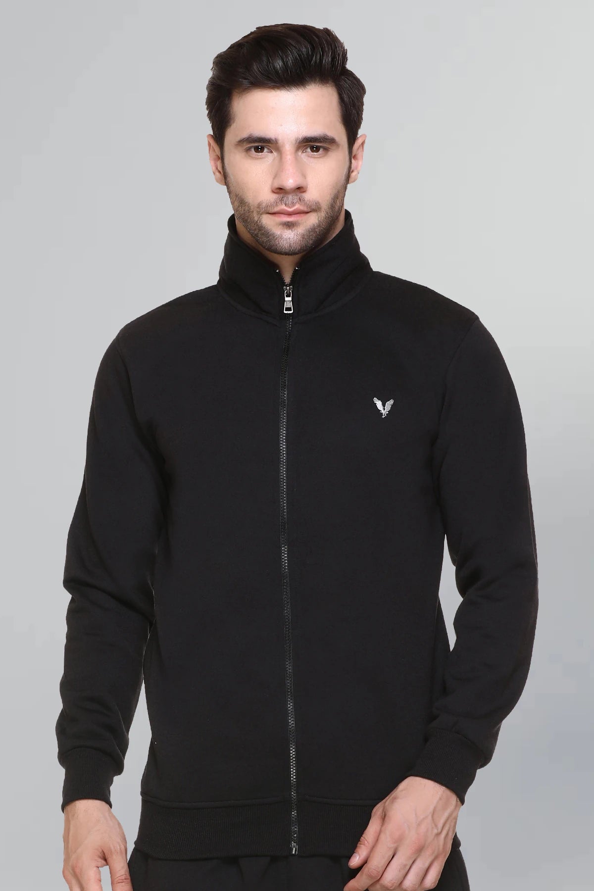 Black Cotton Fleece Full Sleeve Jacket Sweatshirt For Men