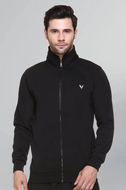 Black Cotton Fleece Full Sleeve Jacket Sweatshirt For Men