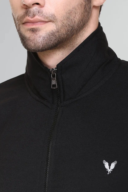 Black Cotton Fleece Full Sleeve Jacket Sweatshirt For Men