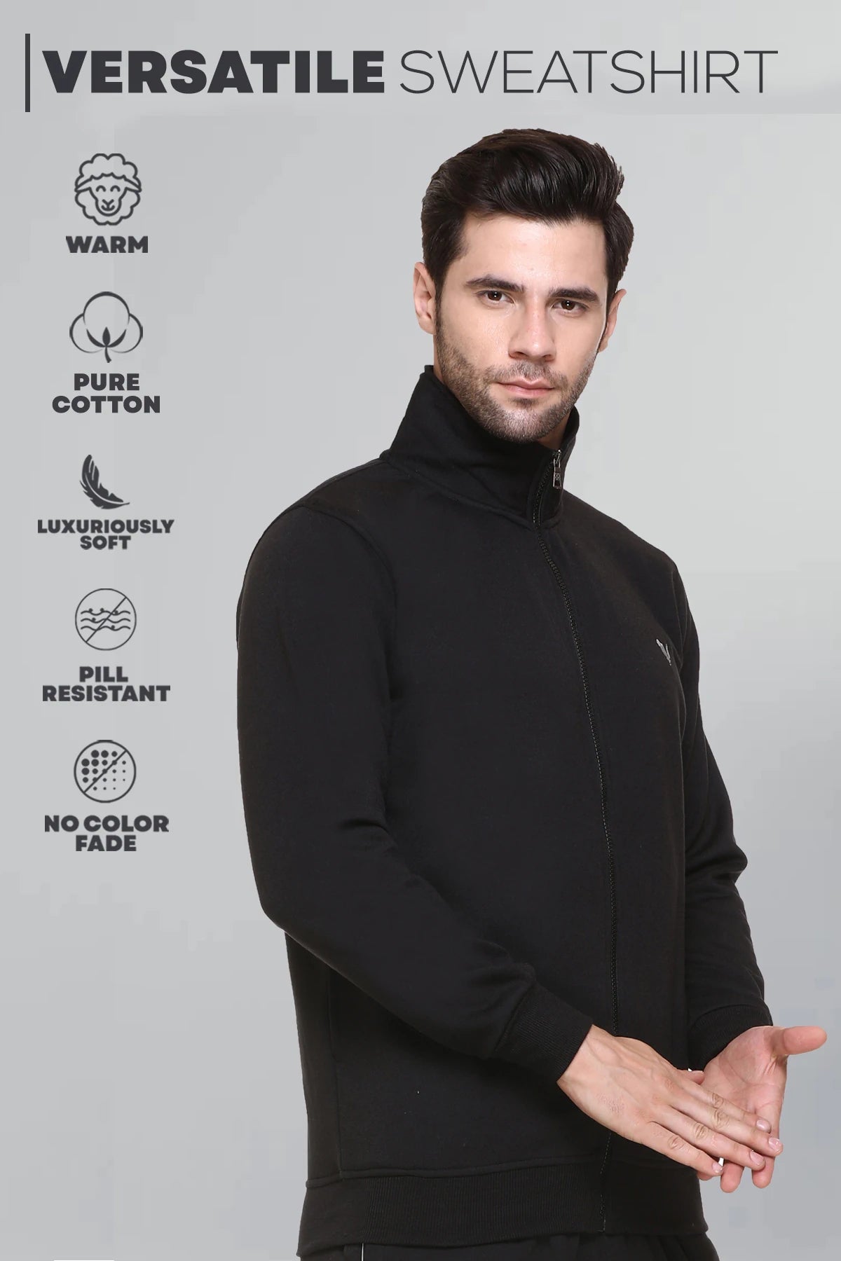 Black Cotton Fleece Full Sleeve Jacket Sweatshirt For Men