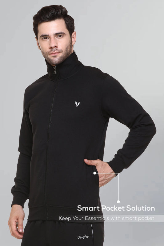 Black Cotton Fleece Full Sleeve Jacket Sweatshirt For Men