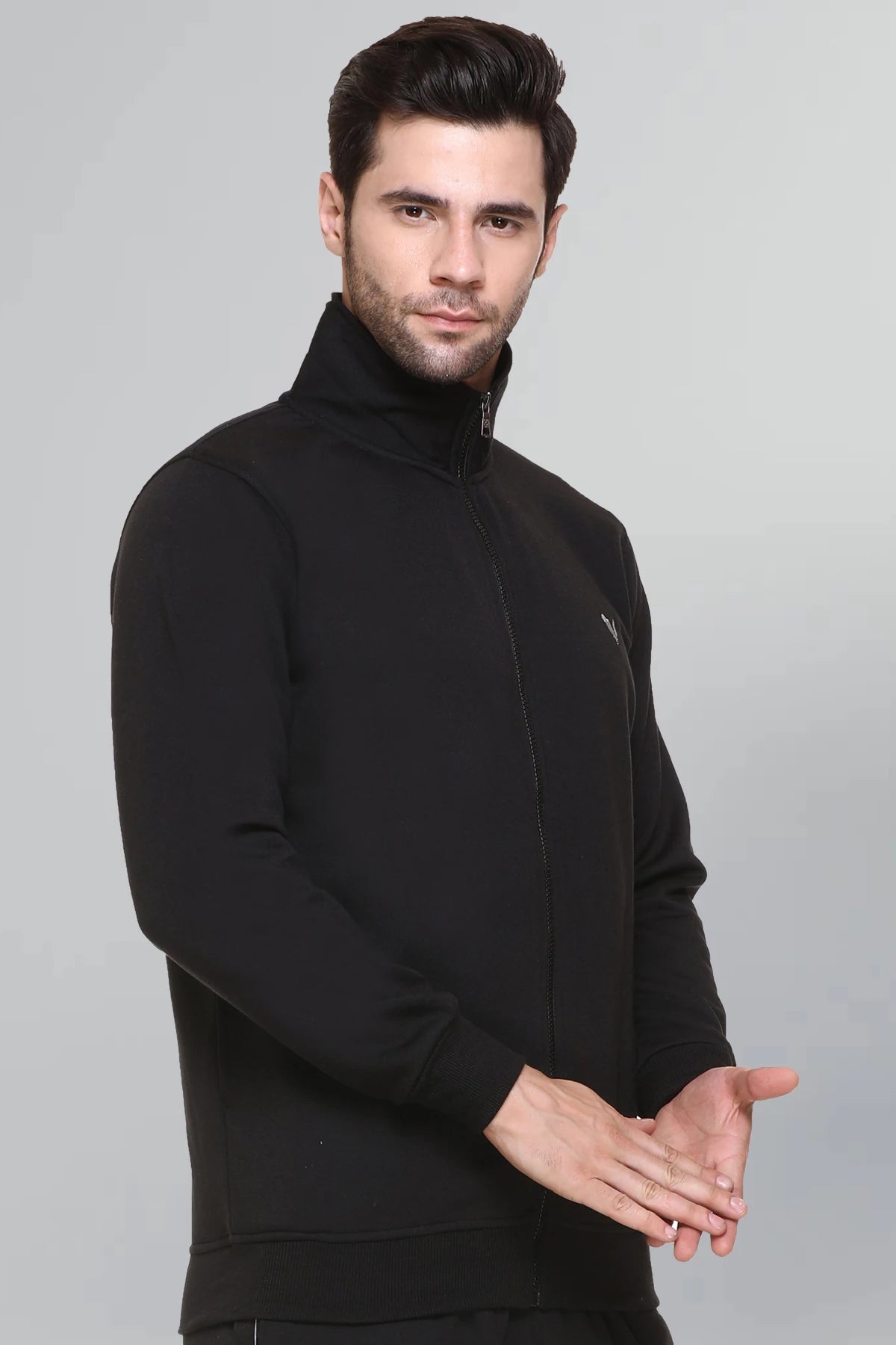 Black Cotton Fleece Full Sleeve Jacket Sweatshirt For Men