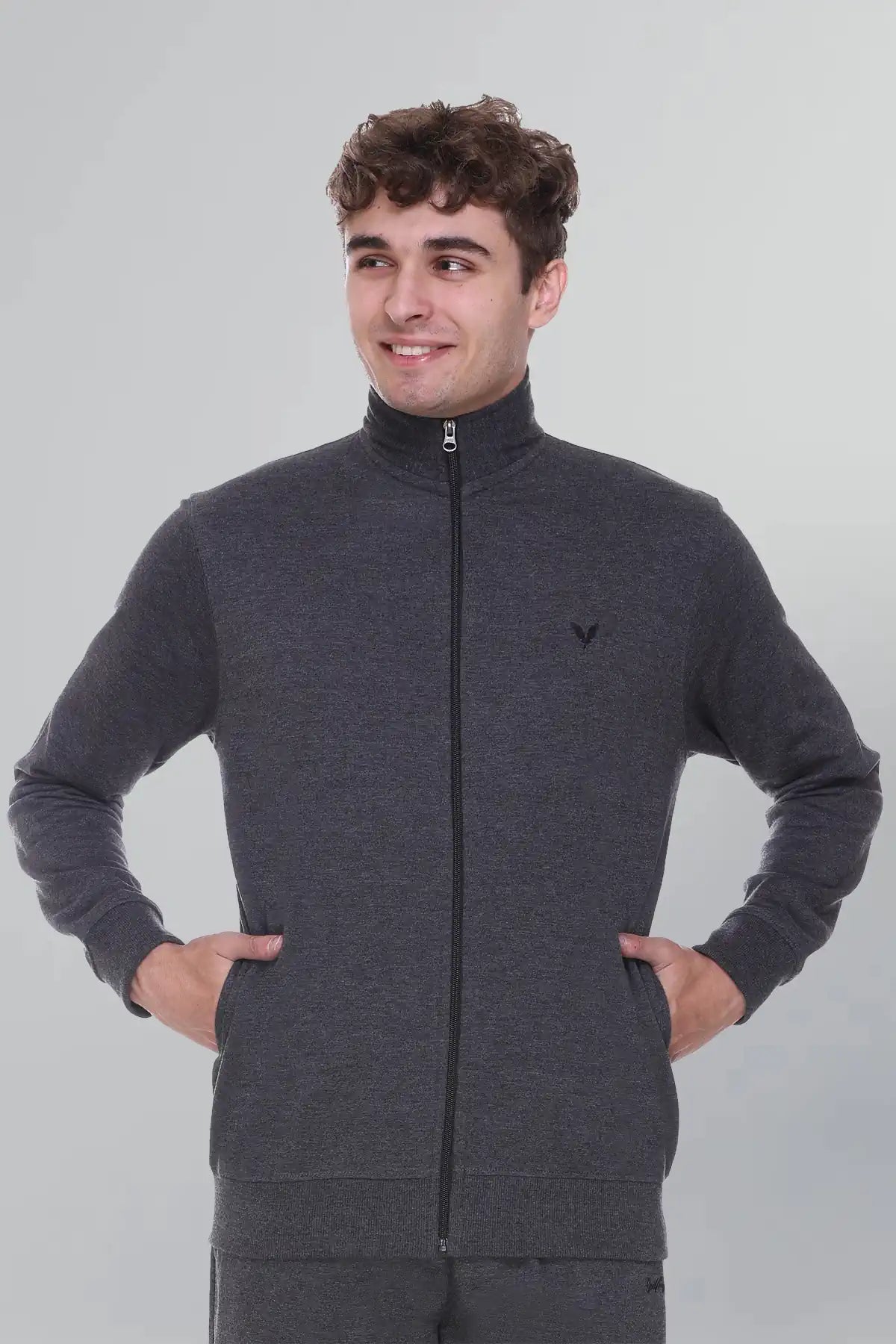 Charcoal Cotton Fleece Full Sleeve Jacket Sweatshirt For Men
