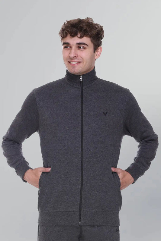 Charcoal Cotton Fleece Full Sleeve Jacket Sweatshirt For Men