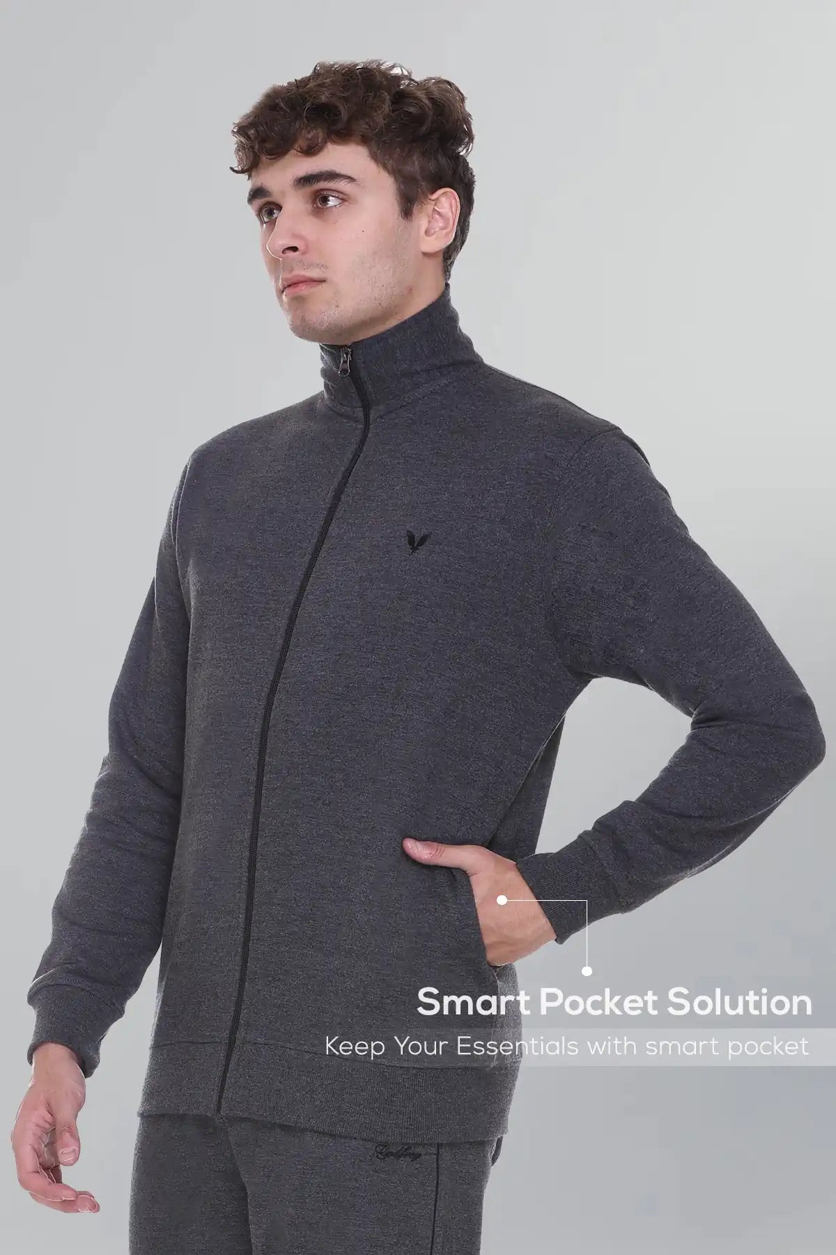 Charcoal Cotton Fleece Full Sleeve Jacket Sweatshirt For Men