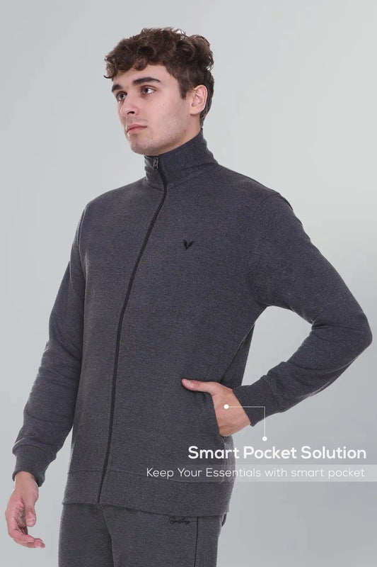 Charcoal Cotton Fleece Full Sleeve Jacket Sweatshirt For Men