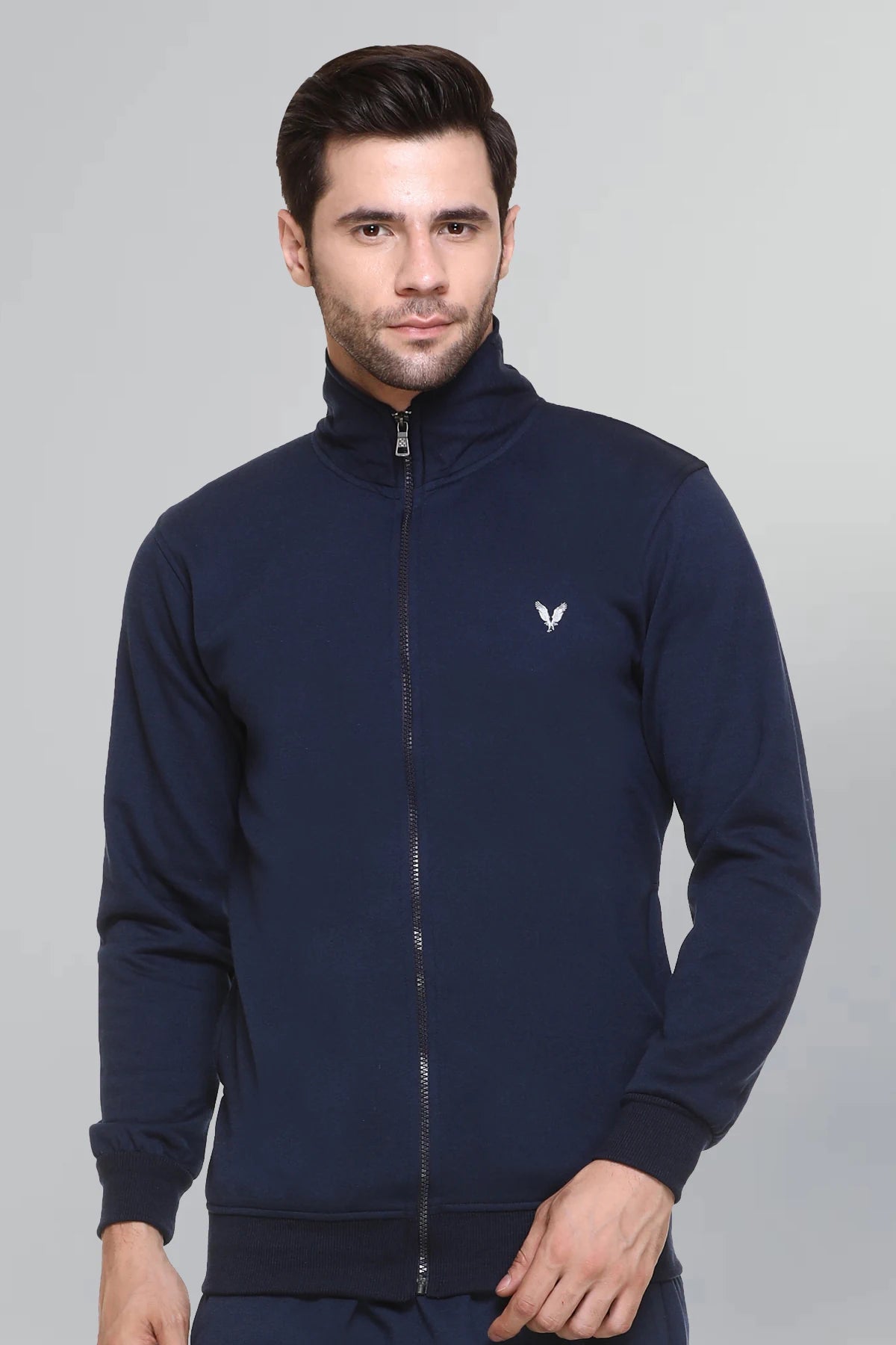 Navy Cotton Fleece Full Sleeve Jacket Sweatshirt For Men