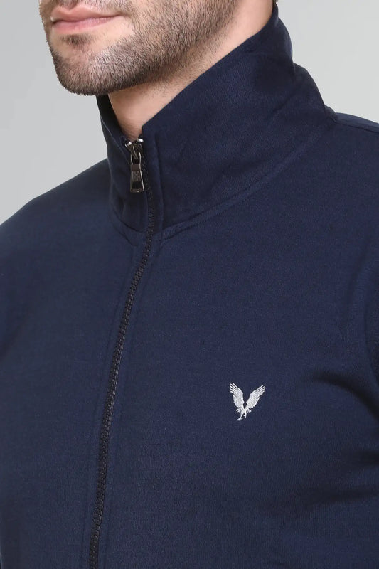 Navy Cotton Fleece Full Sleeve Jacket Sweatshirt For Men