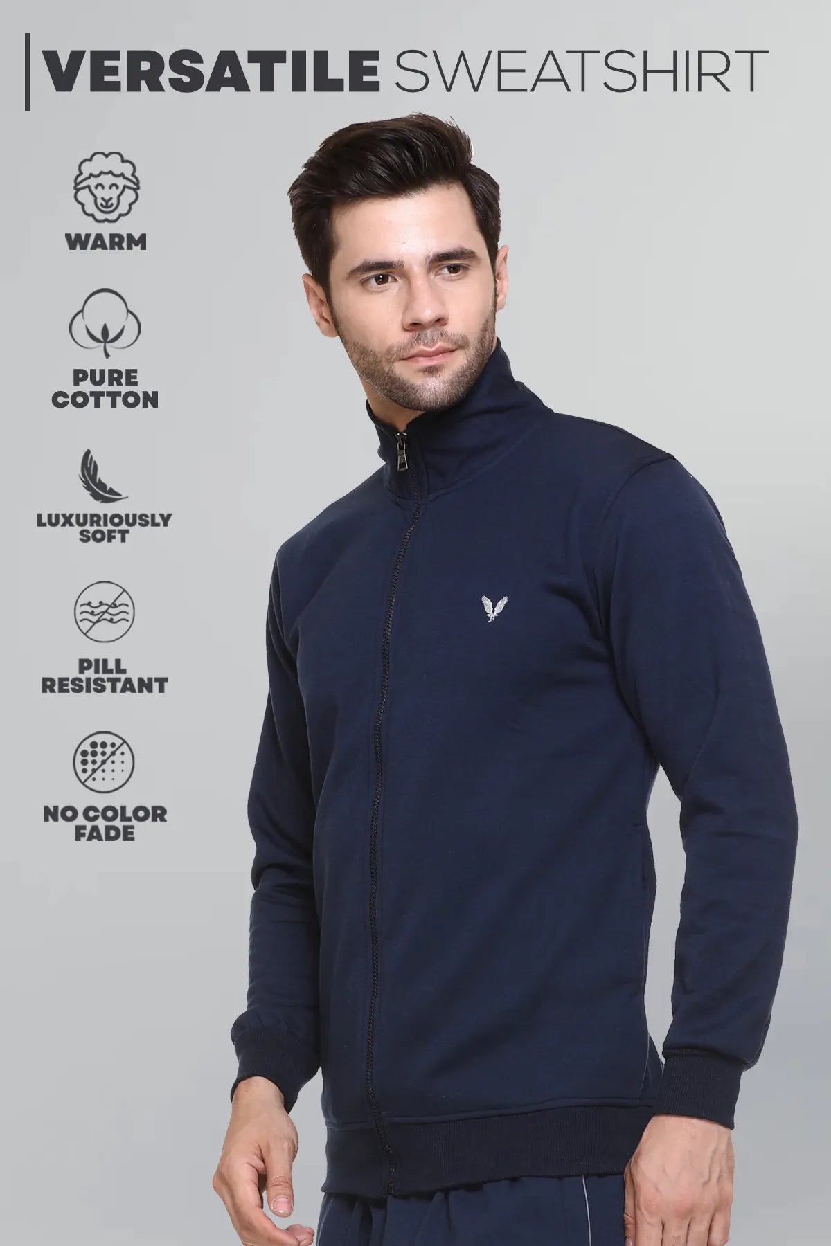 Navy Cotton Fleece Full Sleeve Jacket Sweatshirt For Men