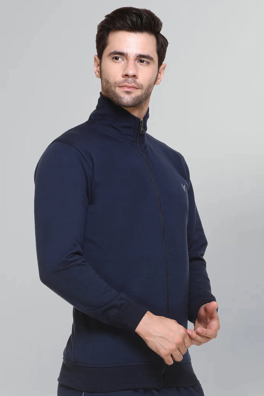 Navy Cotton Fleece Full Sleeve Jacket Sweatshirt For Men