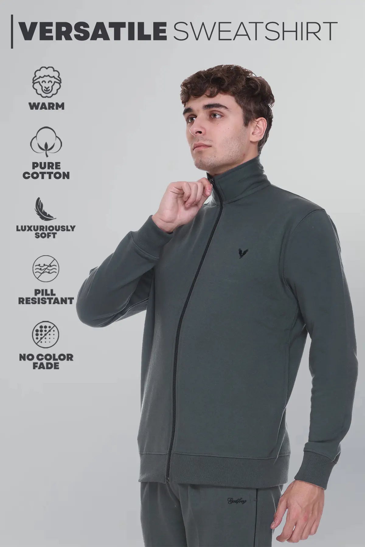 Peacock Green Cotton Fleece Full Sleeve Jacket Sweatshirt For Men