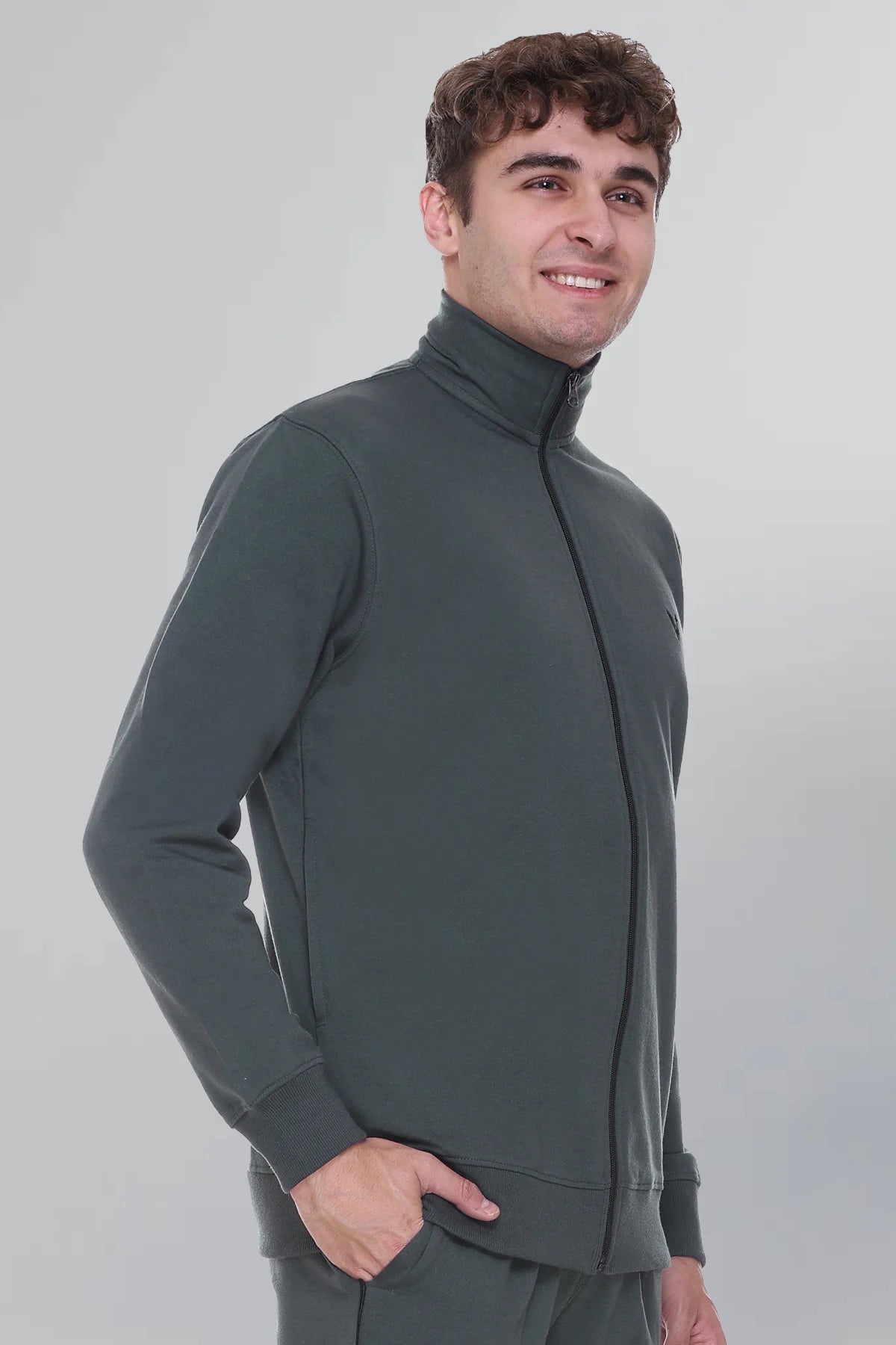 Peacock Green Cotton Fleece Full Sleeve Jacket Sweatshirt For Men
