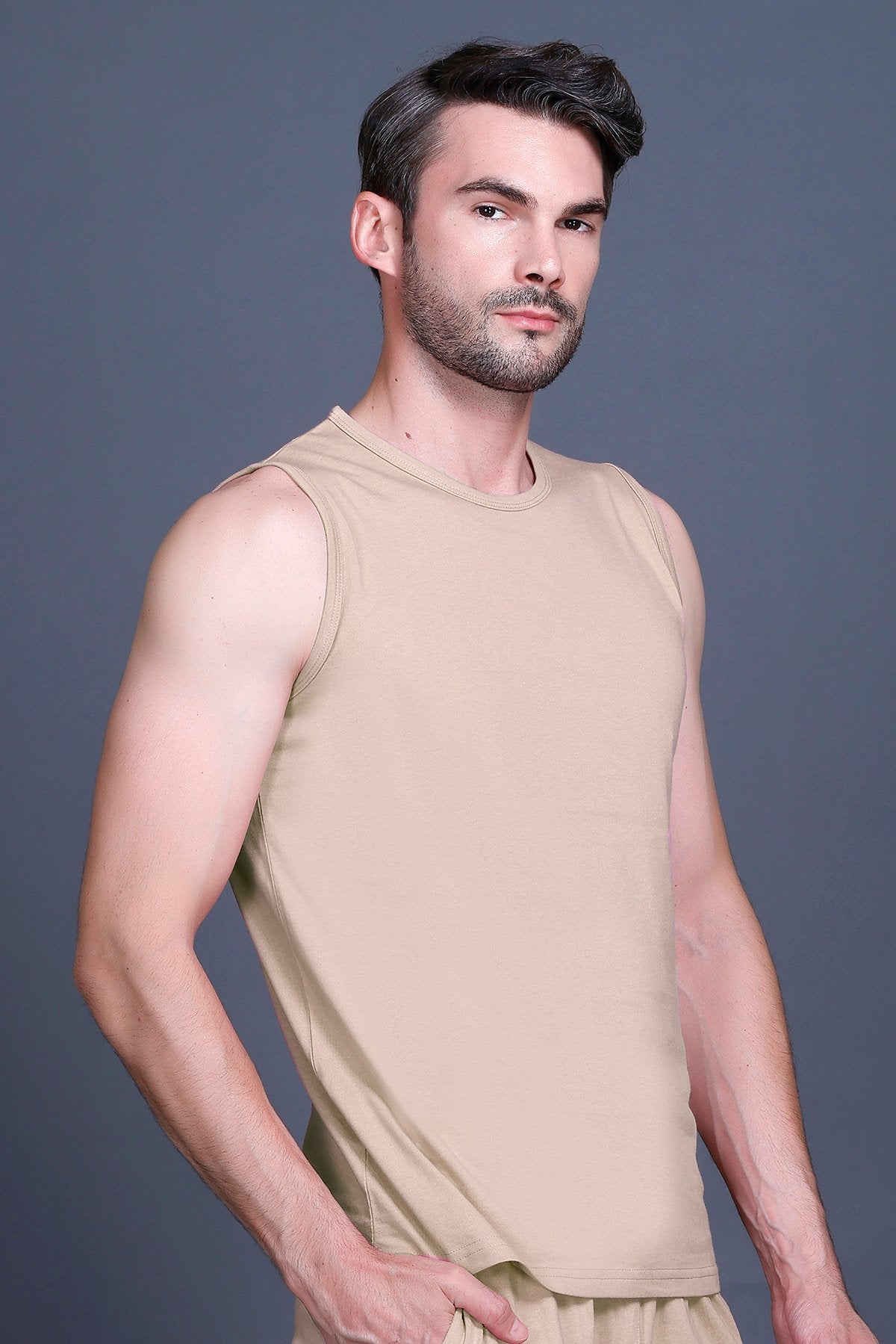 Beige Gym Vest Men Sleeveless T-Shirt