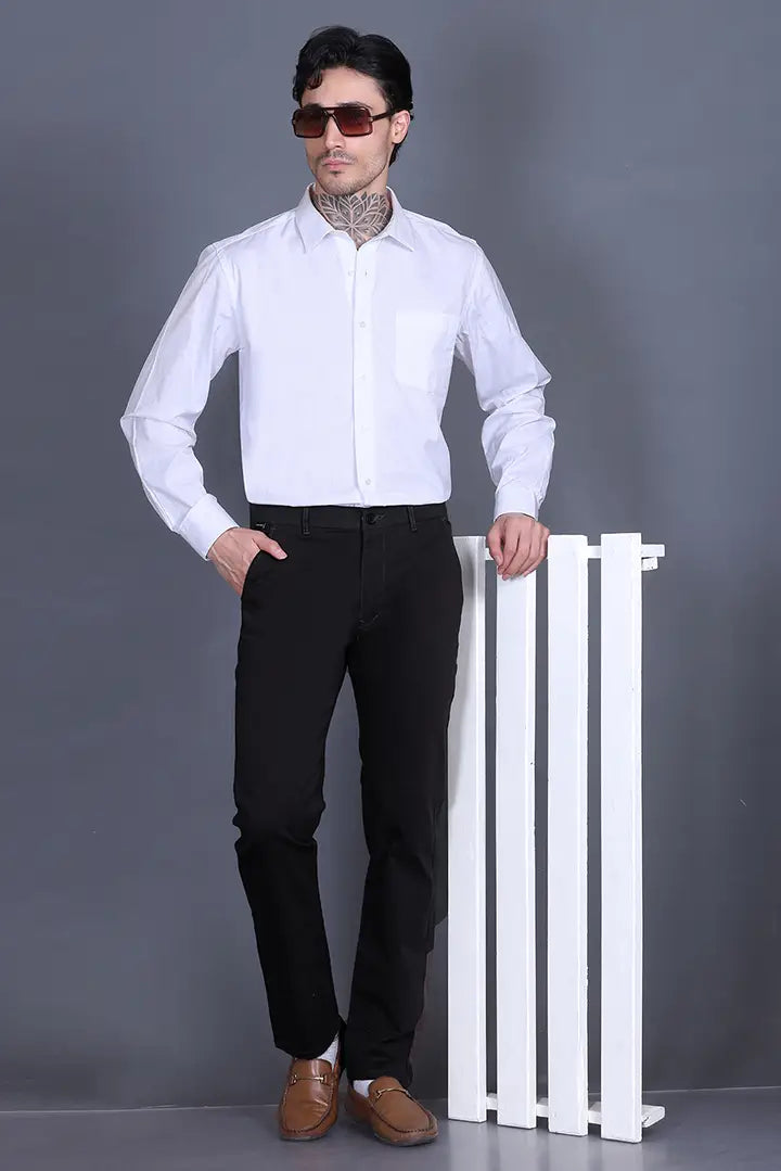 Black Solid Regular Fit Casual Cotton Trouser for Men