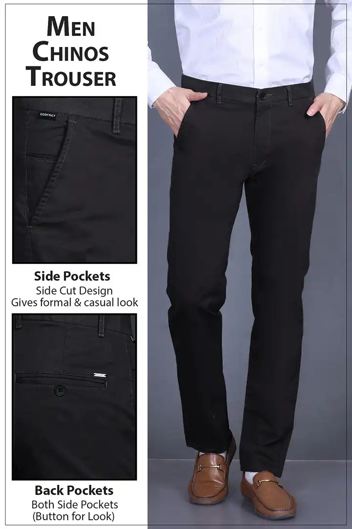 Black Solid Regular Fit Casual Cotton Trouser for Men