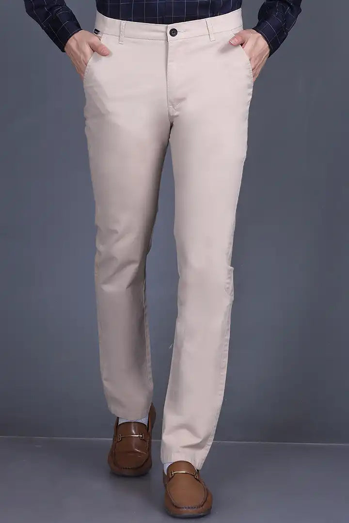 Beige Solid Regular Fit Casual Cotton Trouser for Men