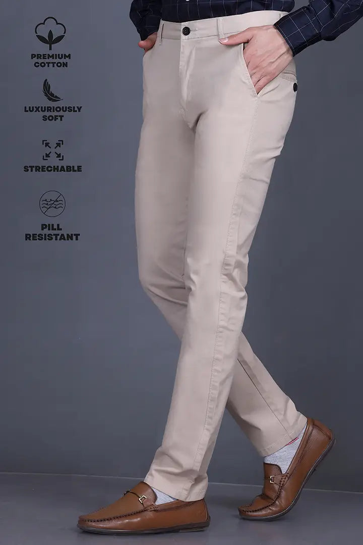 Beige Solid Regular Fit Casual Cotton Trouser for Men