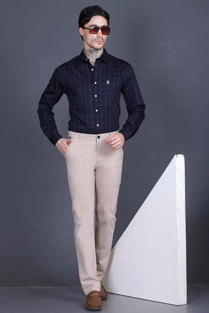 Beige Solid Regular Fit Casual Cotton Trouser for Men