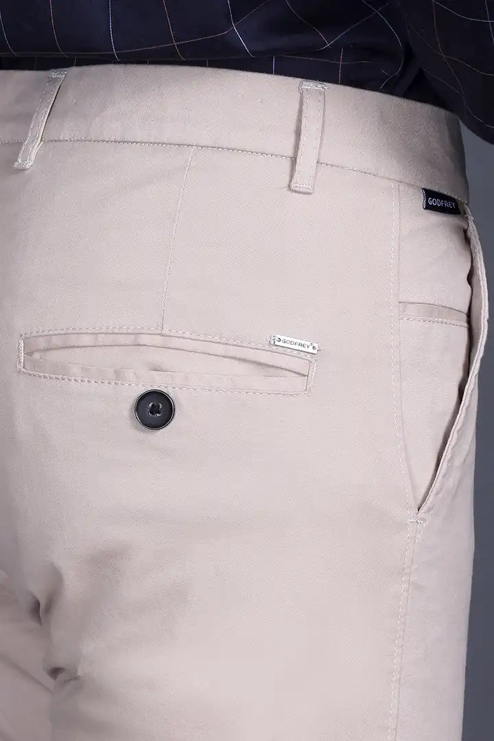 Beige Solid Regular Fit Casual Cotton Trouser for Men