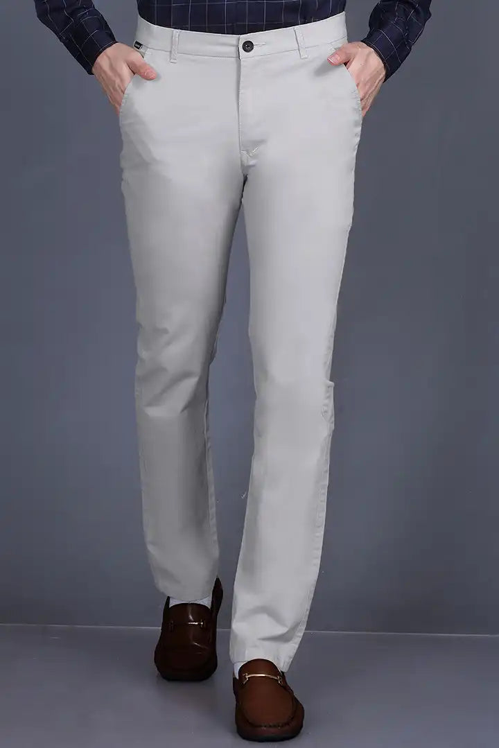 Light Grey Solid Regular Fit Casual Cotton Trouser for Men