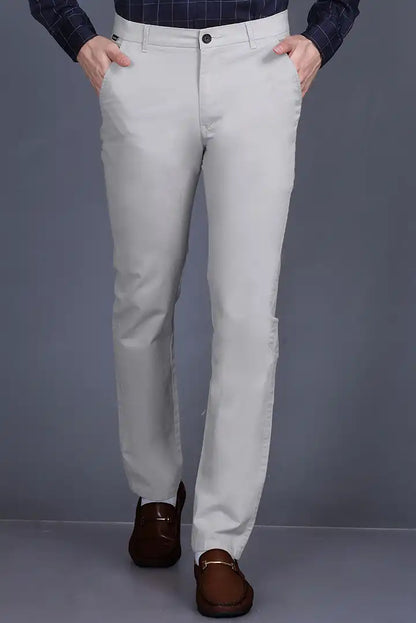 Light Grey Solid Regular Fit Casual Cotton Trouser for Men