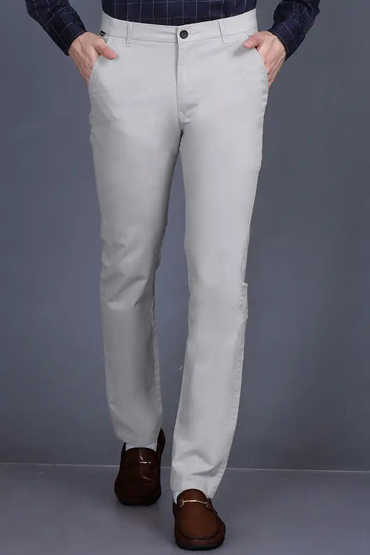 Light Grey Solid Regular Fit Casual Cotton Trouser for Men