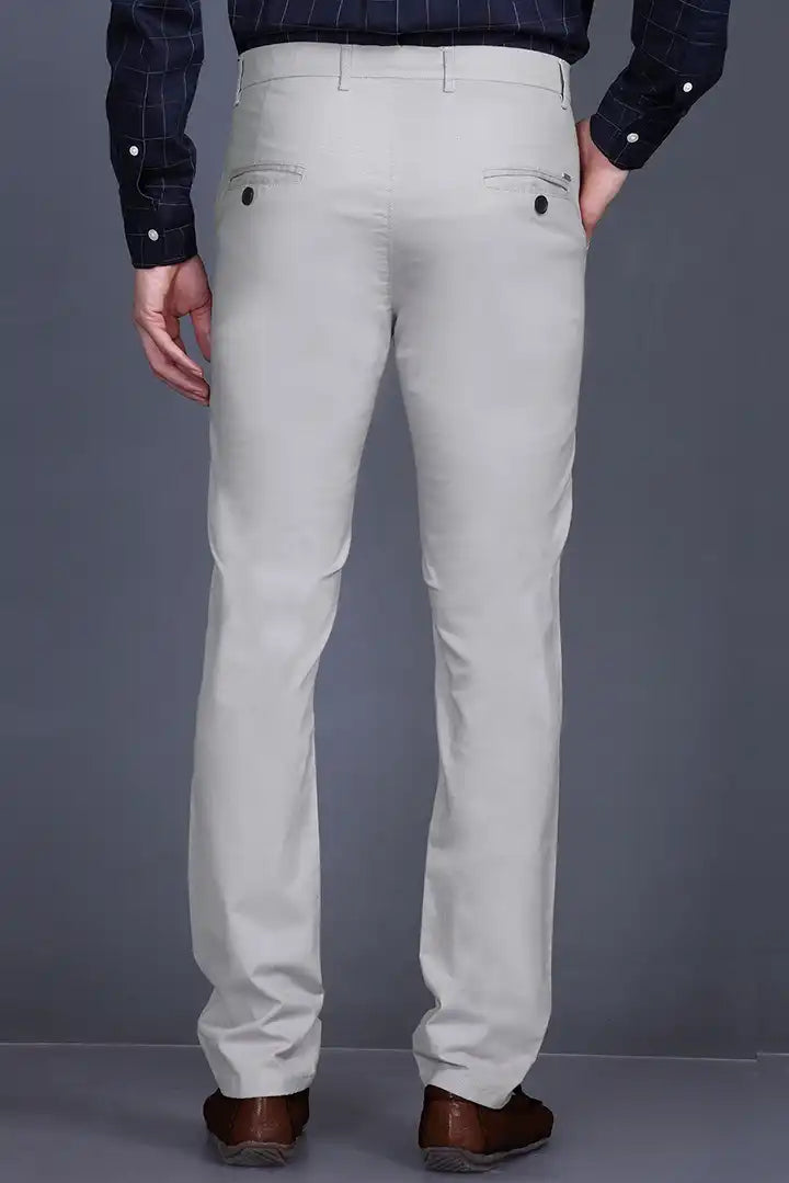 Light Grey Solid Regular Fit Casual Cotton Trouser for Men