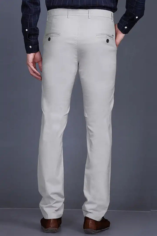 Light Grey Solid Regular Fit Casual Cotton Trouser for Men