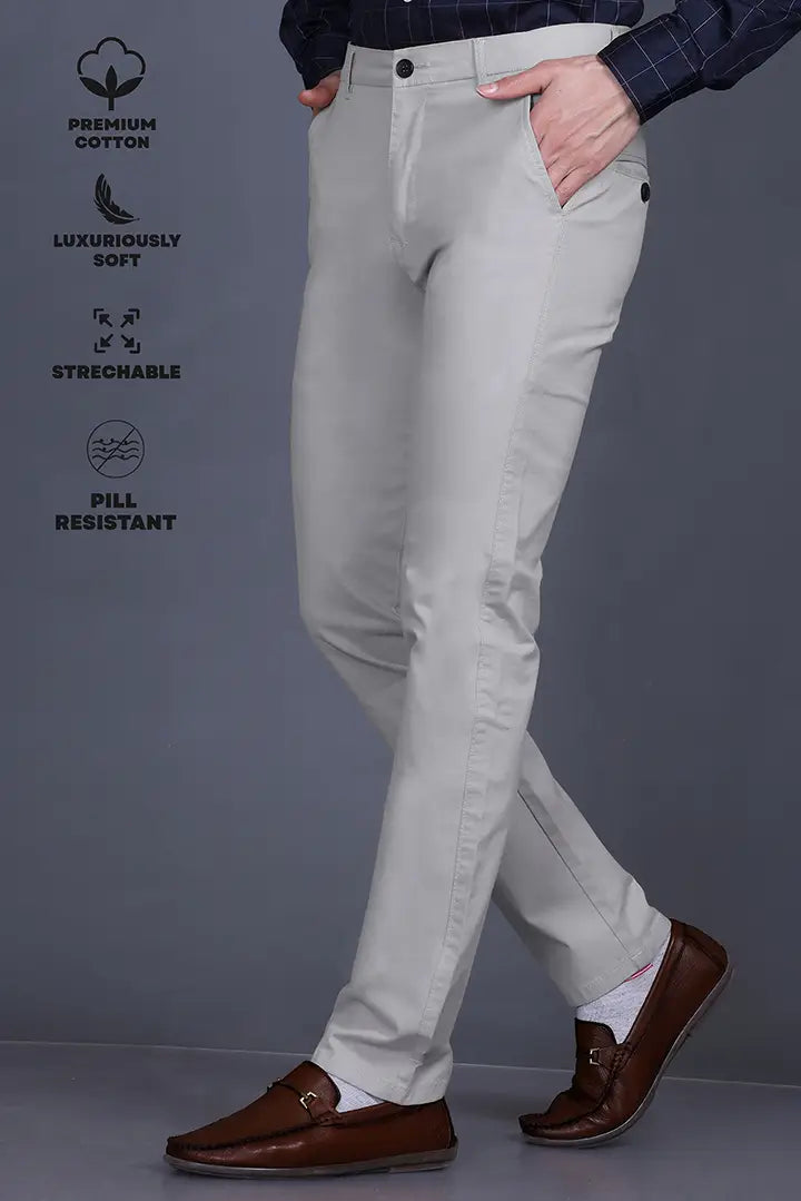 Light Grey Solid Regular Fit Casual Cotton Trouser for Men